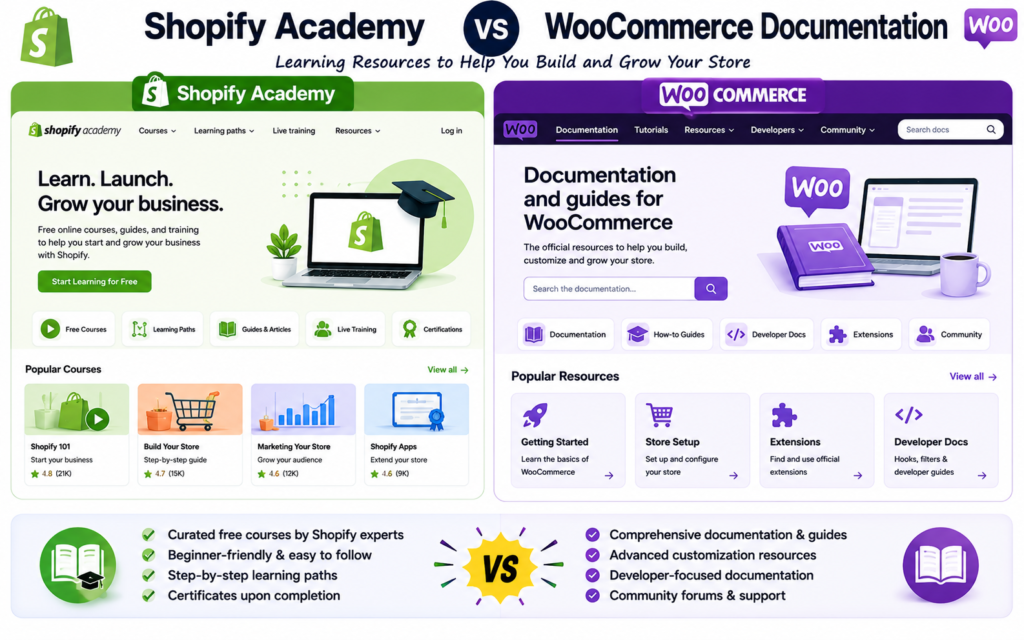 Shopify VS WooCommerce For Beginners
Shopify Academy vs WooCommerce Documentation
